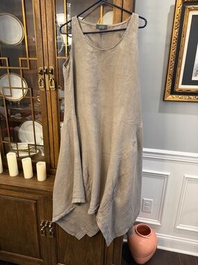 Saga Sleeveless Asymmetrical Mushroom Brown Linen Dress